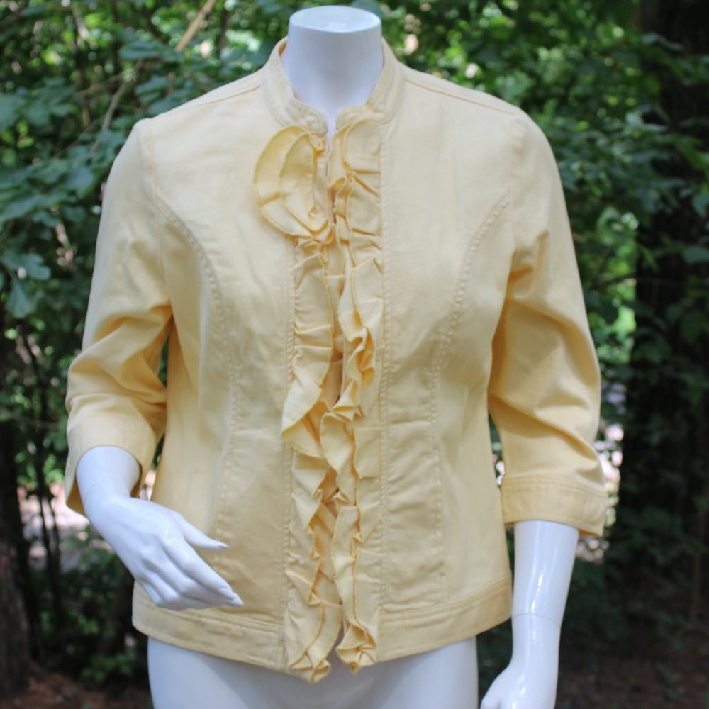 Women's Chicos Denim Jean Open Ruffle Front Jacket Blazer Yellow Chico's Sz 1